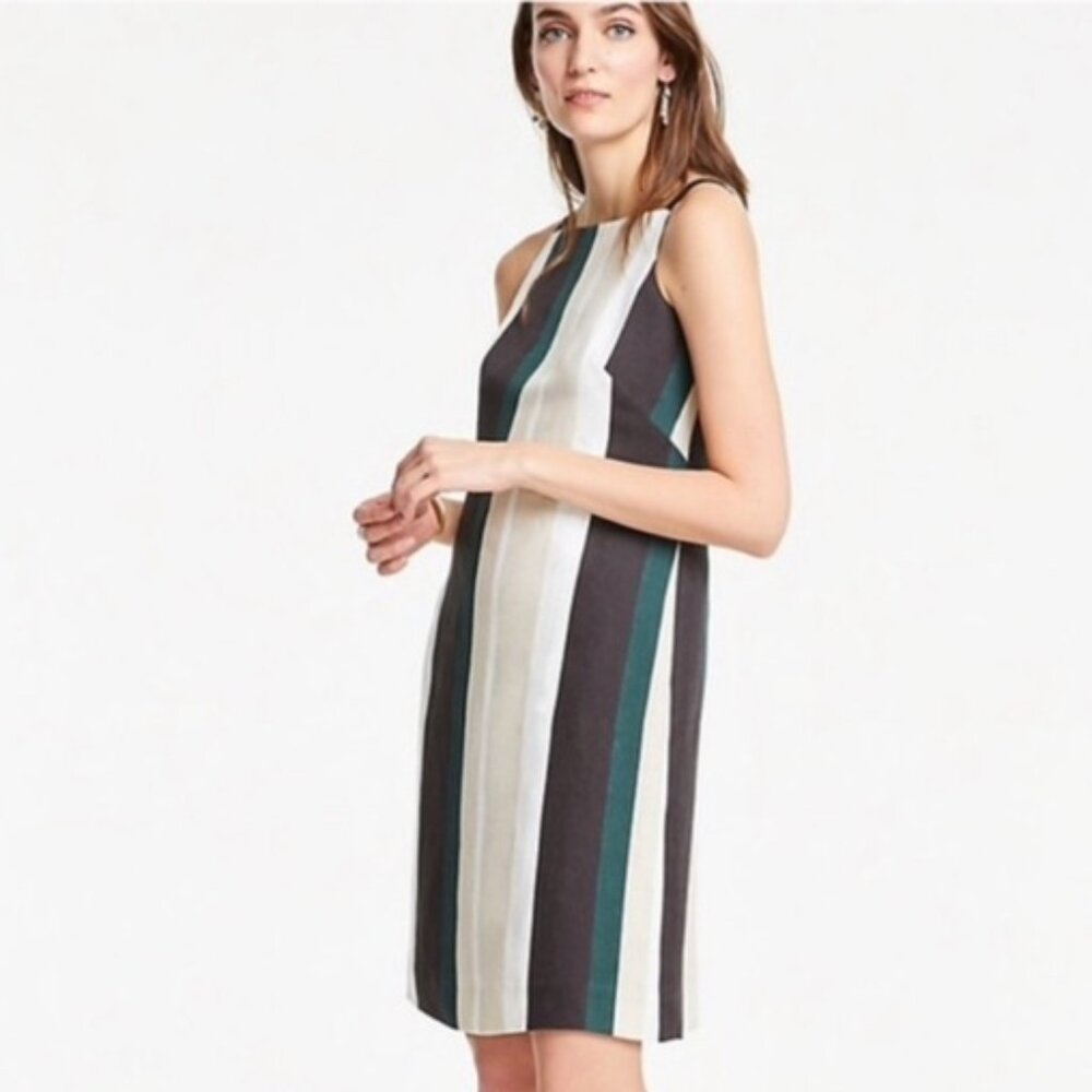 Ann Taylor Sleeveless Stripe Shift Dress in Black, Cream & Teal